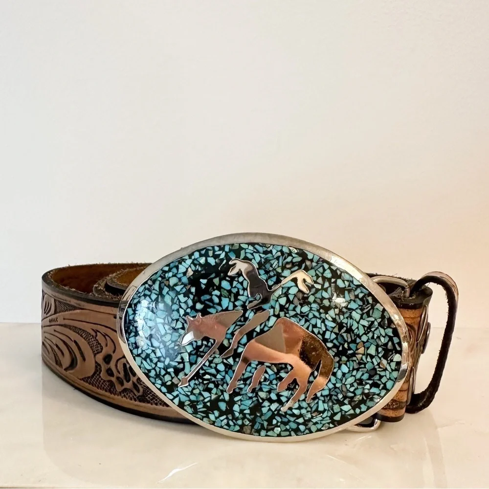 VINTAGE CHAMBERS Tooled Leather Turquoise Silver Buckle south Western Aztec Belt